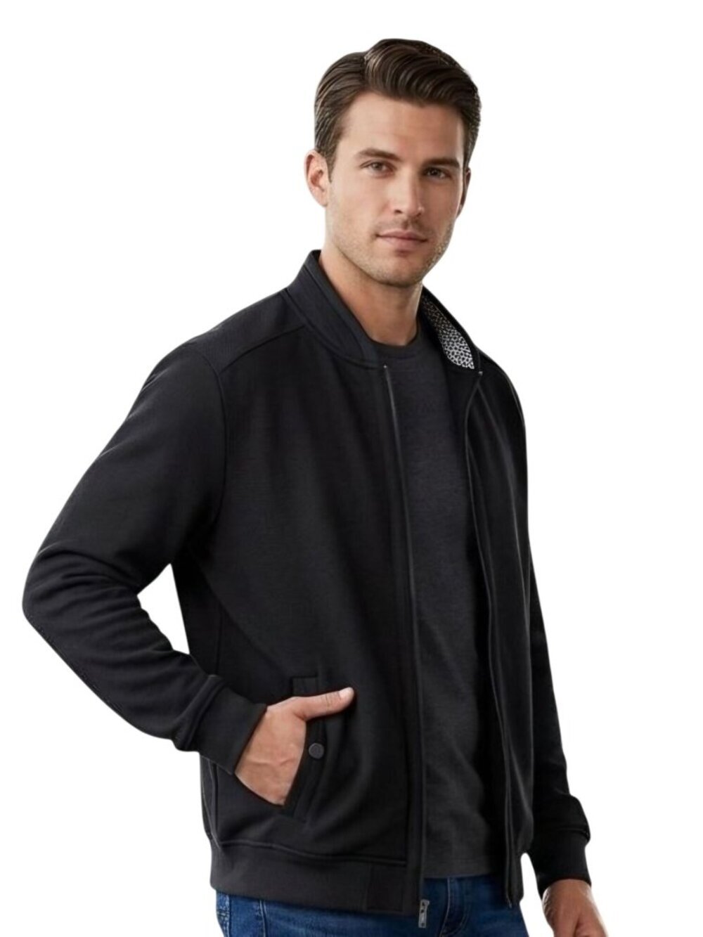 Magaschoni Man Black Bomber Jacket Pockets Full Zip All Season Size S